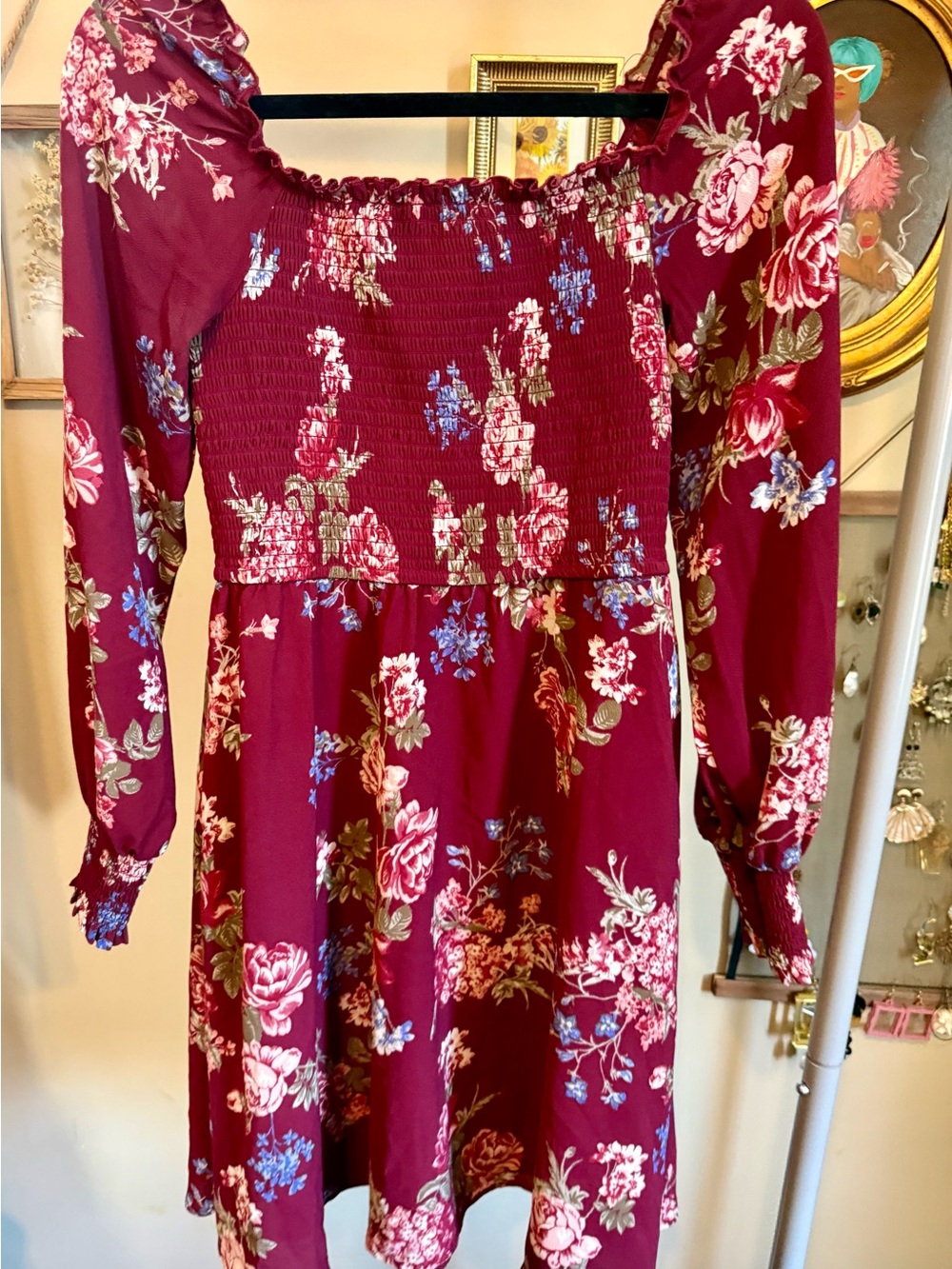 Xhilaration Burgundy Floral Smocked Dress